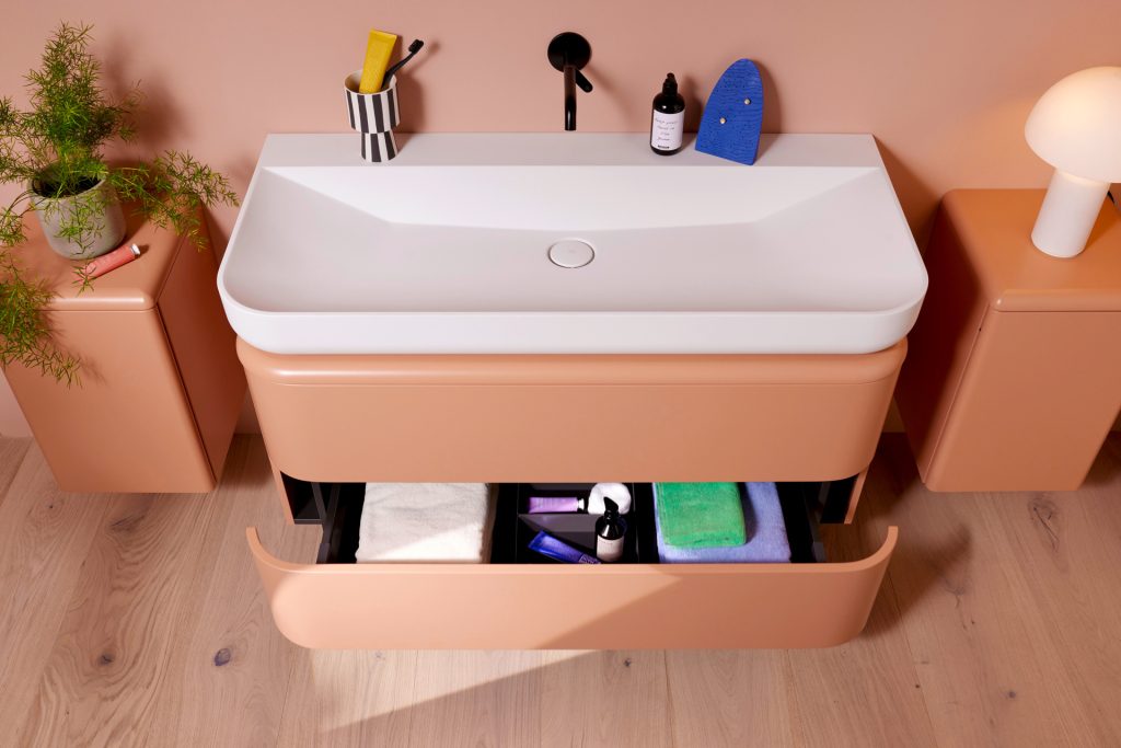 b:me by burgbad in the new trend colour terracotta and washbasin with waist